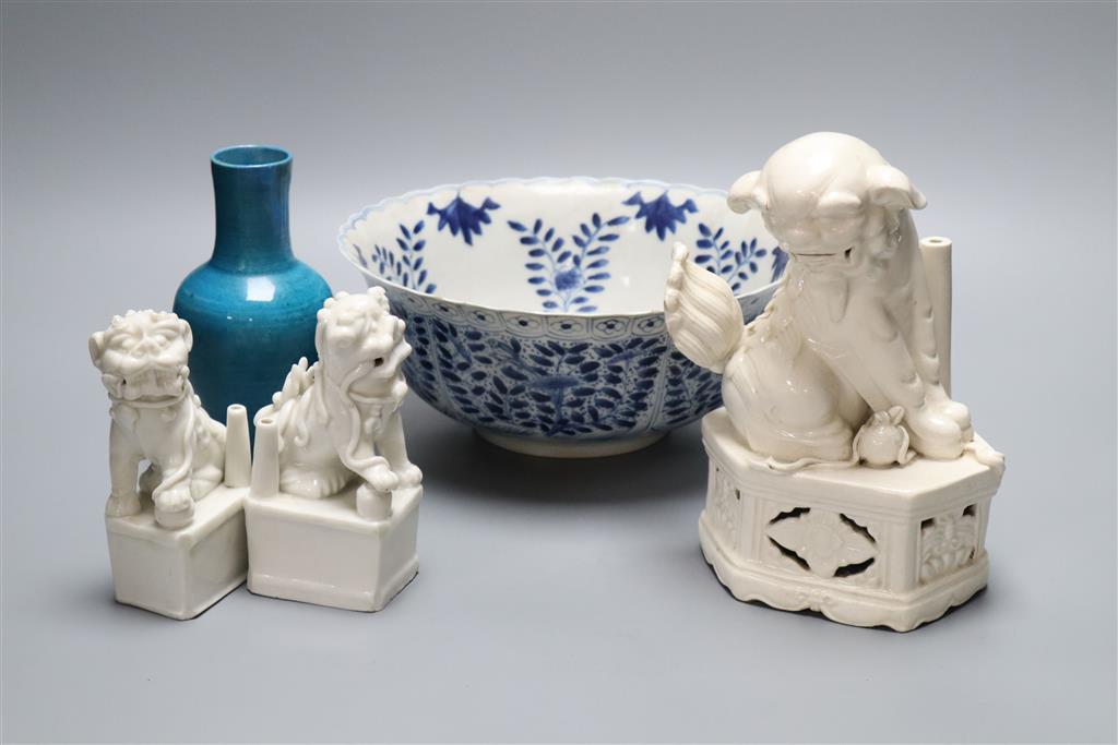 An early 19th century Chinese blue and white bowl, diameter 24cm, with Kangxi and other Chinese ceramics